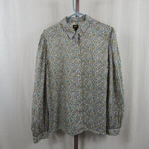 Lee Women's Large Lightweight Floral Cotton Button Up Blue Pink and Yellow
